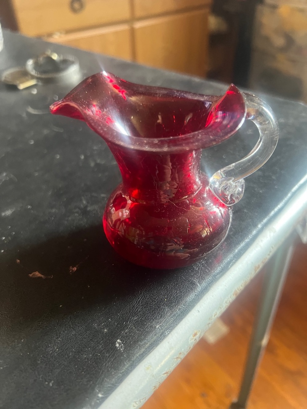 Ruby Red Glass Creamer Pitcher with Clear Handle